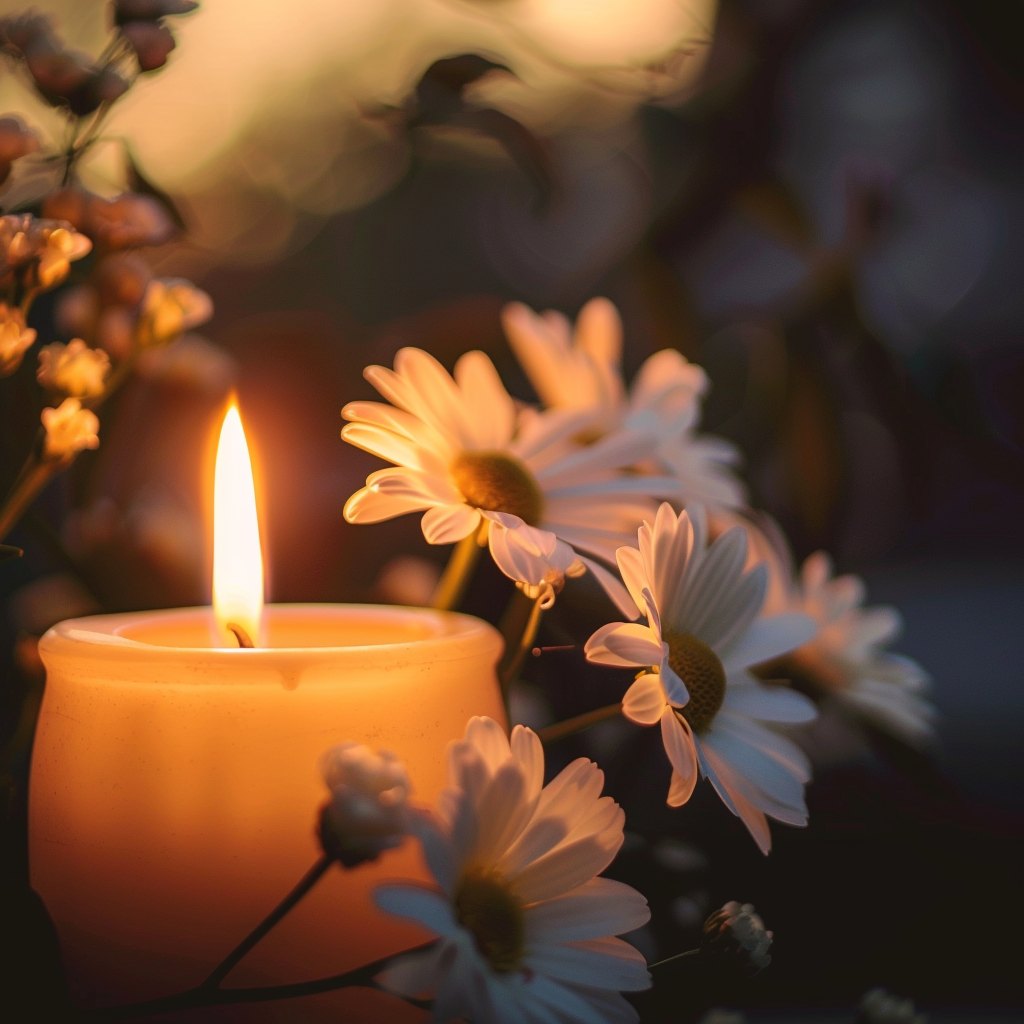 Softly lit candle surrounded by white daisies creating a peaceful memorial scene shared by a Summit, NJ funeral home and cremations provider.